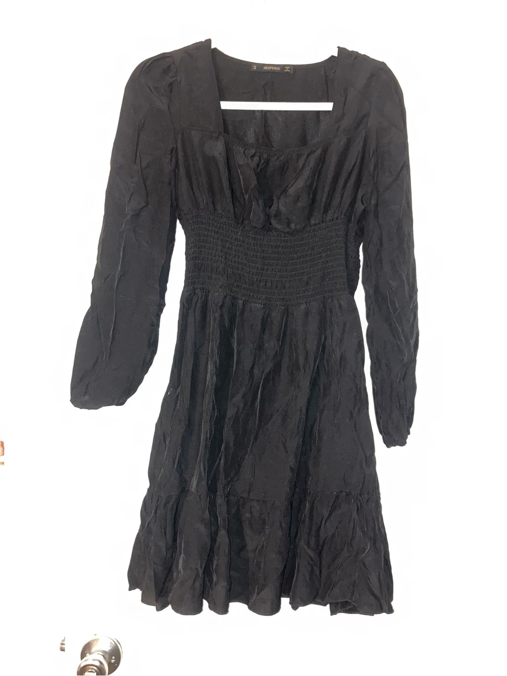 Smocked Waist Black Long-Sleeve Midi Dress